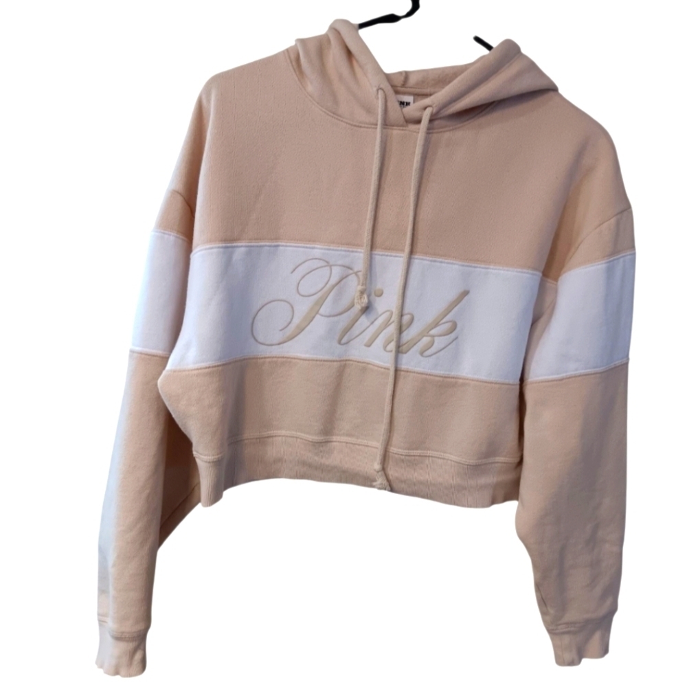 PINK Victoria's Secret Beige and White Cropped Hoodie Sz S